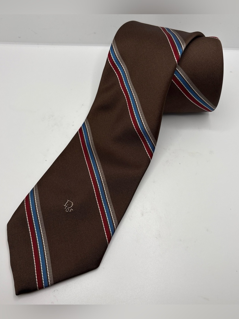 VTG Christian Dior Striped Silk Tie Embroidered Logo Buffums Brown Made In USA